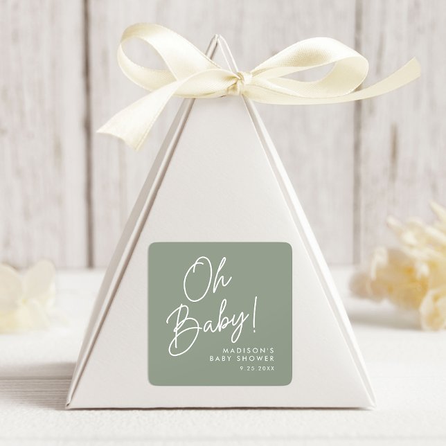 Sticker Carré Moderne Oh Baby Script Sage Baby shower vert (Créateur téléchargé)