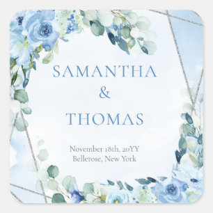 Sticker Carré Moderne pastel bleu fleurs argent cadre sage