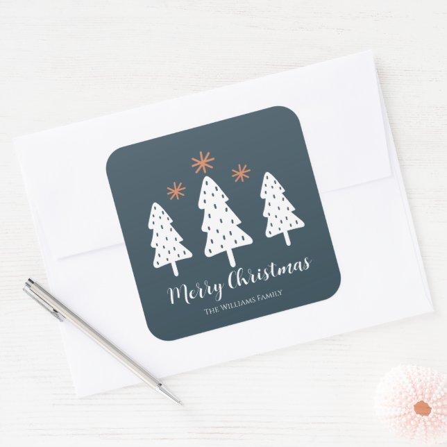 Sticker Carré Moderne Simple Joyeux Arbres de Noël Étoiles (Enveloppe)