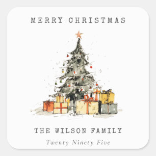 Sticker Carré Moderne Sketchy Noël Arbre Cadeaux Photo