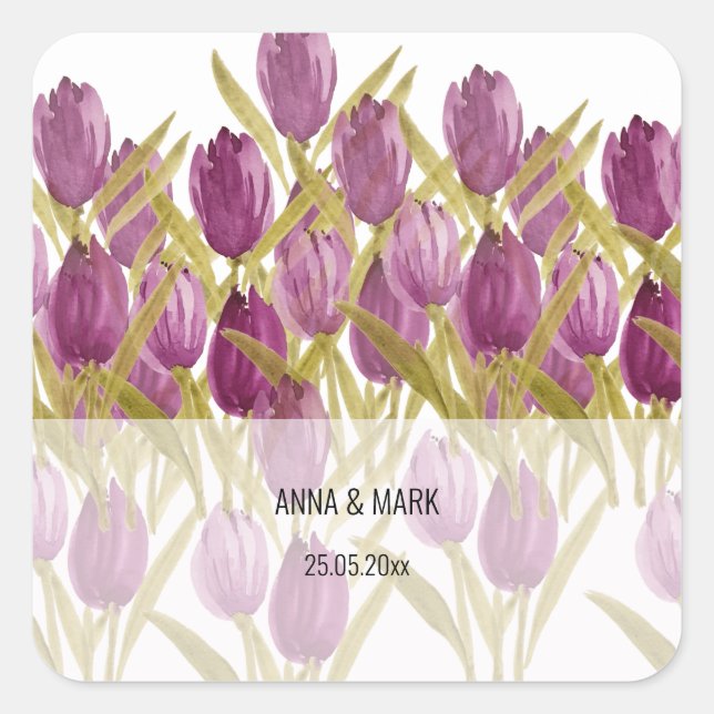 Sticker Carré Moderne Tulipes pourpres Aquarelle Art (Devant)