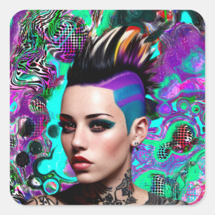 Sticker Carré Mohawk Punk Girl Art Abstrait