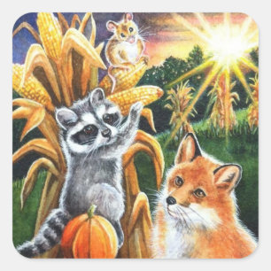 Sticker Carré Moisson d'automne Corn Red Fox Raccoon Aquarelle A