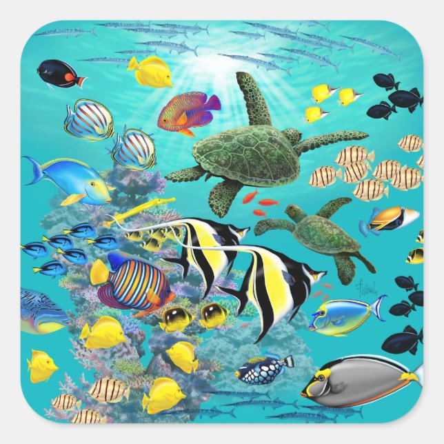 Sticker Carré Molokini Cove Hawaiian Tropical Fish Sea Turtle (Devant)