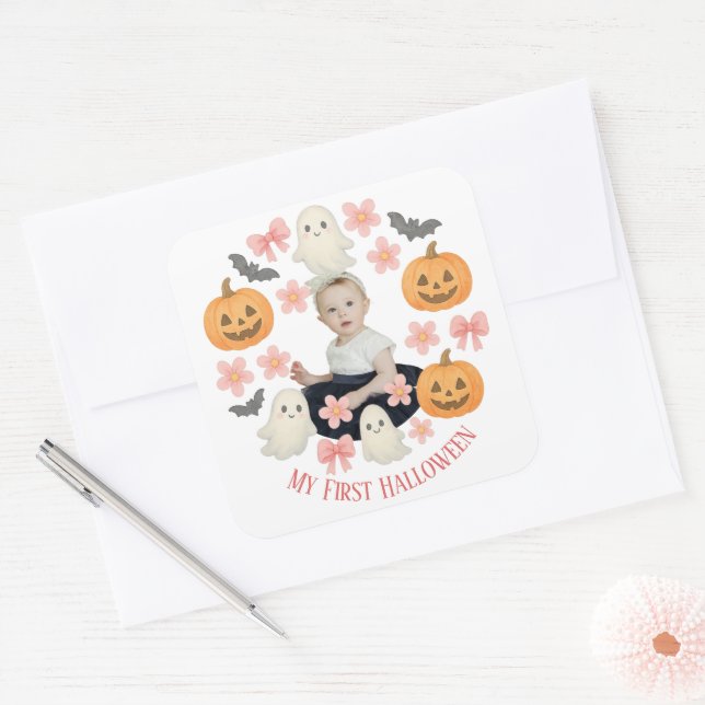 Sticker Carré Mon premier Halloween | Mignonne Citrouille et cou (Enveloppe)