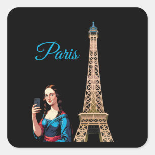 STICKER CARRÉ MONA LISA PRENANT UN SELFIE SURREALISTE PARIS 