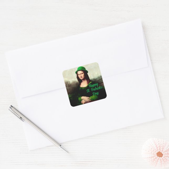 Sticker Carré Mona Lisa St. Patrick's Day Clover (Enveloppe)