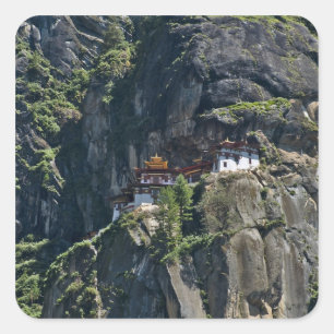 Sticker Carré Monastère Taktsang sur la falaise, Paro, Bhoutan