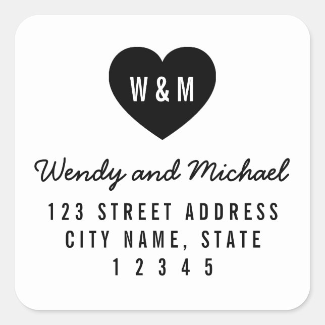 Sticker Carré Monogram Heart Modern Couple Mariage Adresse (Devant)