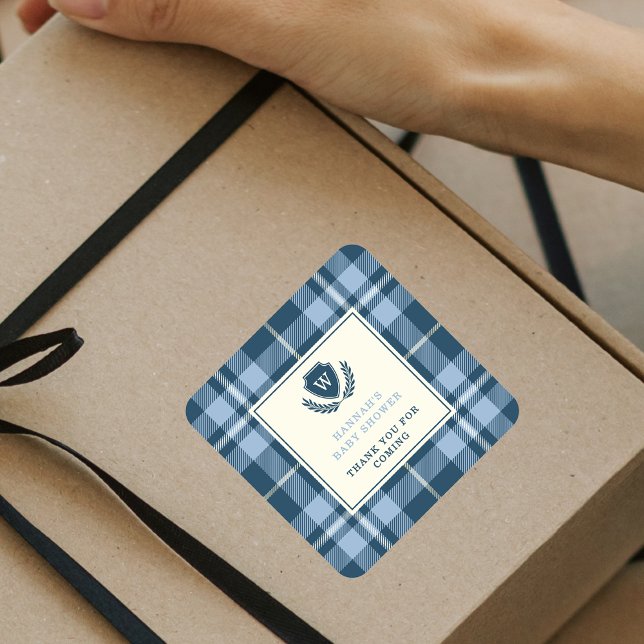 Sticker Carré Monogram Navy Blue Baby Boy Shower Merci (Créateur téléchargé)