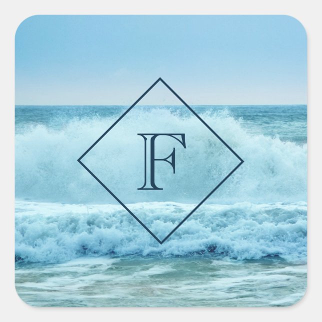 Sticker Carré Monogram Ocean Wave Crashing on Shore (Devant)