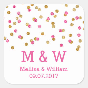 Sticker Carré Monogram Rose Gold Confetti Mariage Favor Tags