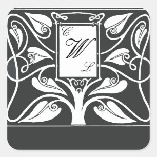 Sticker Carré Monogramme 3 lettres avec Feuilles noir et blanc