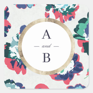 Sticker Carré Monogramme abstrait floral or vert classique moder