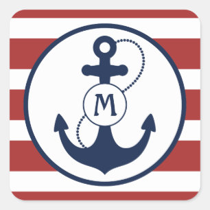 Sticker Carré Monogramme Ancre marine rouge