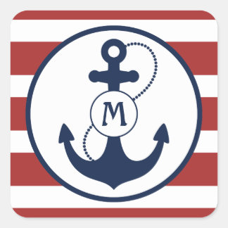 Sticker Carré Monogramme Ancre marine rouge