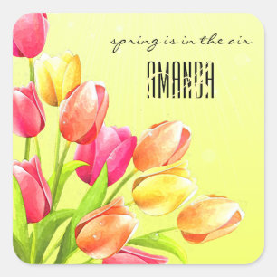 Sticker Carré Monogramme Bouquet Tulipes Aquarelles
