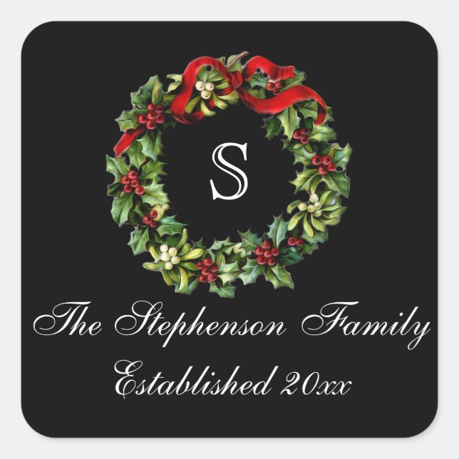 Sticker Carré Monogramme classique Holly Wreath Custom Christmas (Devant)