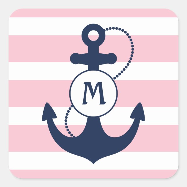 Sticker Carré Monogramme d'Ancre marine rose (Devant)