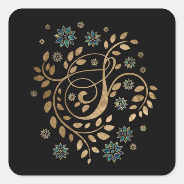 Sticker Carré Monogramme de calligraphie dorée de luxe avec lett (Devant)