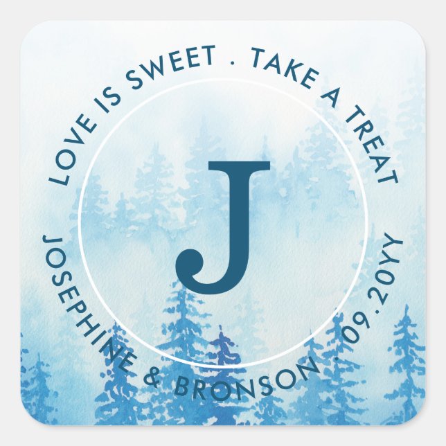 Sticker Carré Monogramme de la forêt de Foggy Aquarelle Bleue (Devant)