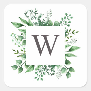 Sticker Carré Monogramme de mariage à la gouache de verdure de f