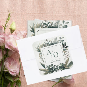 Sticker Carré Monogramme de mariage à la verdure botanique 