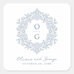 Sticker Carré Monogramme de mariage élégant bleu poussiéreux hér