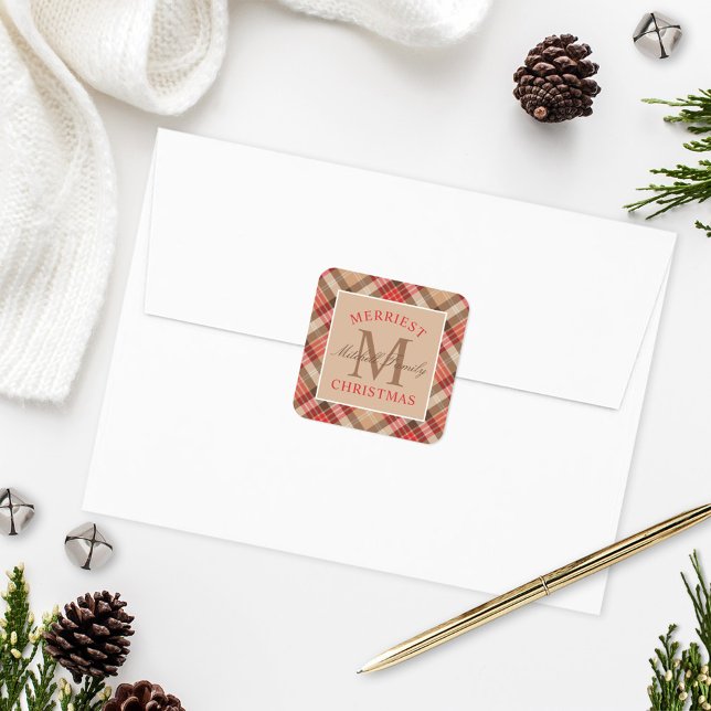 Sticker Carré Monogramme de Noël Tan Rouge Rustique (Créateur téléchargé)