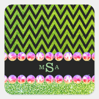 Sticker Carré Monogramme de Parties scintillant verte Chevron Ro