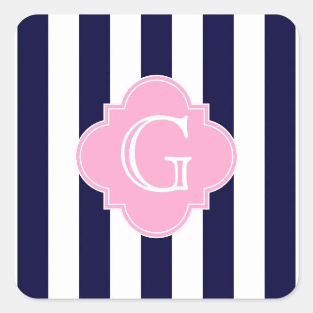 Sticker Carré Monogramme de Quatrefoil Rose Bleu Marine (Devant)
