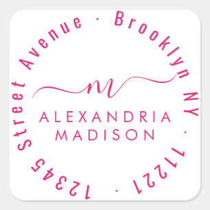 Sticker Carré Monogramme de script moderne Adresse Magenta Pink