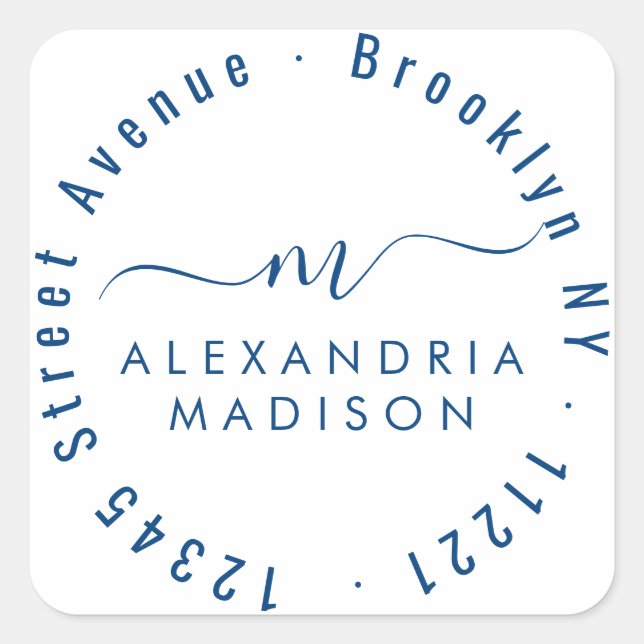 Sticker Carré Monogramme de script moderne Adresse Navy Blue (Devant)