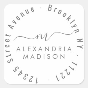 Sticker Carré Monogramme de script moderne Adresse Silver Grey