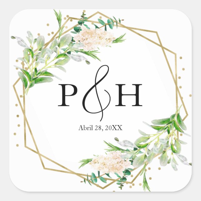 Sticker Carré Monogramme d'huile d'or Mariage de verdure géométr (Devant)