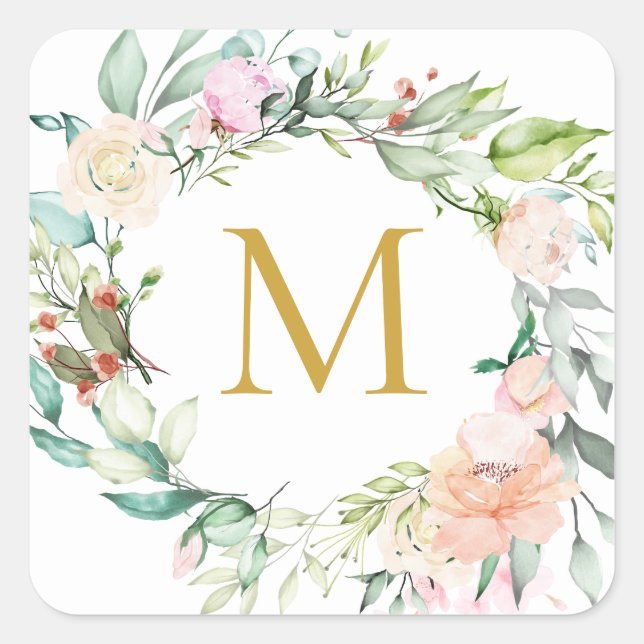 Sticker Carré Monogramme d'or Rose Garland Floral (Devant)