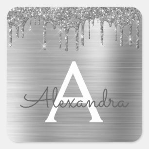 Sticker Carré Monogramme en métal brossé avec paillettes argenté