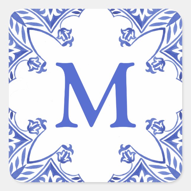 Sticker Carré Monogramme en tuiles florales bleues et blanches (Devant)
