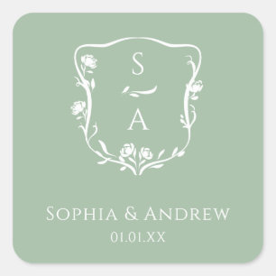 Sticker Carré Monogramme Eucalyptus moderne Mariage Floral Crest