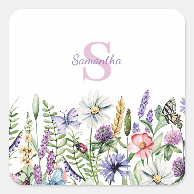 Sticker Carré Monogramme Fleur sauvage Floral Nom botanique Stic (Devant)