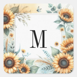 Sticker Carré Monogramme Fleurs de chute et fleurs de soleil aqu