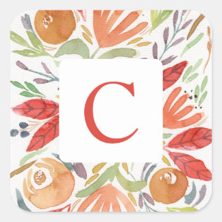 Sticker Carré Monogramme floral aquarelle automnal