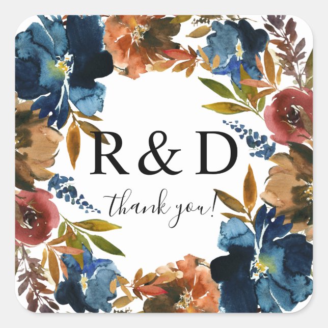 Sticker Carré Monogramme floral bleu marine, orange et Brown (Devant)