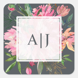 Sticker Carré Monogramme floral botanique de pivoine rose rubis