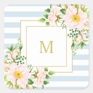 Sticker Carré Monogramme Floral Chic Pastel Bleu Stripes