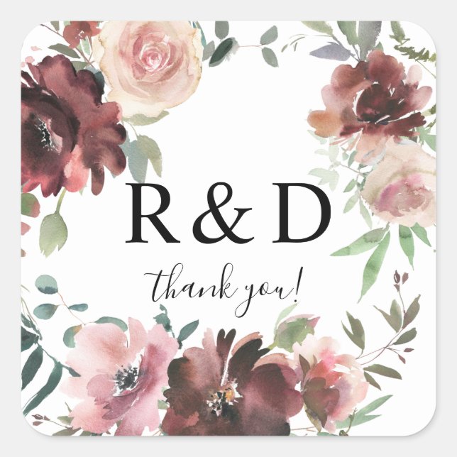 Sticker Carré Monogramme floral rose de Bourgogne et Dusty (Devant)