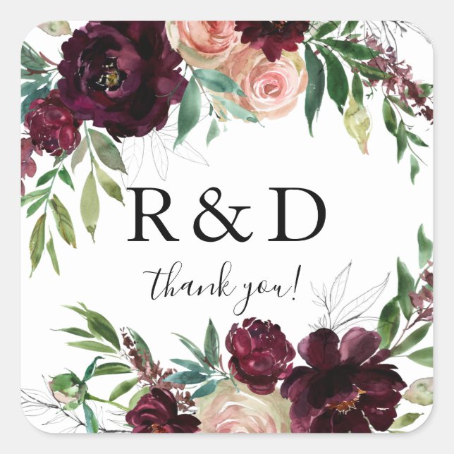 Sticker Carré Monogramme floral rose foncé et bordeaux - (Devant)