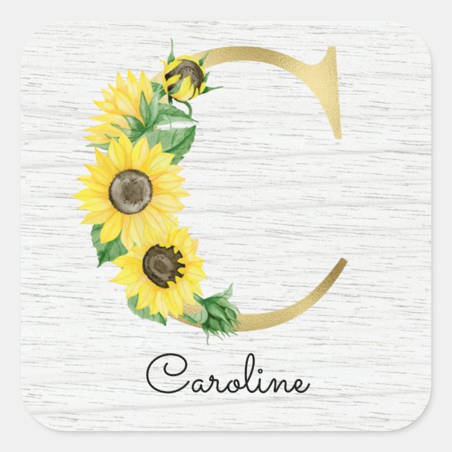 Sticker Carré Monogramme Gold Sunflower Girl Floral Initial C (Devant)