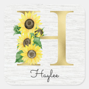 Sticker Carré Monogramme Gold Sunflower Girl Floral Initial H