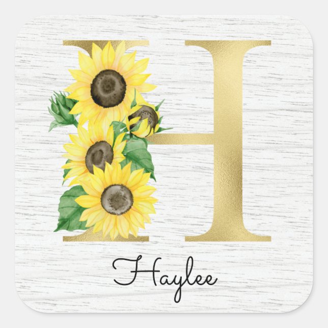 Sticker Carré Monogramme Gold Sunflower Girl Floral Initial H (Devant)